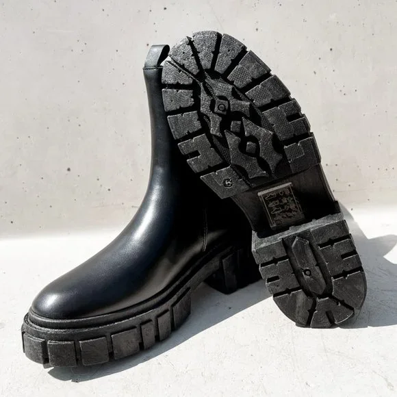 NEW Black Lug Sole Chunky Platform Elastic Ankle Block Heel Chelsea Boot Booties - Picture 6 of 12